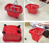 Roter HDPP-Einkaufskorb mit Rädern, Supermarkt-Plastikspeicher-Einkaufskorb